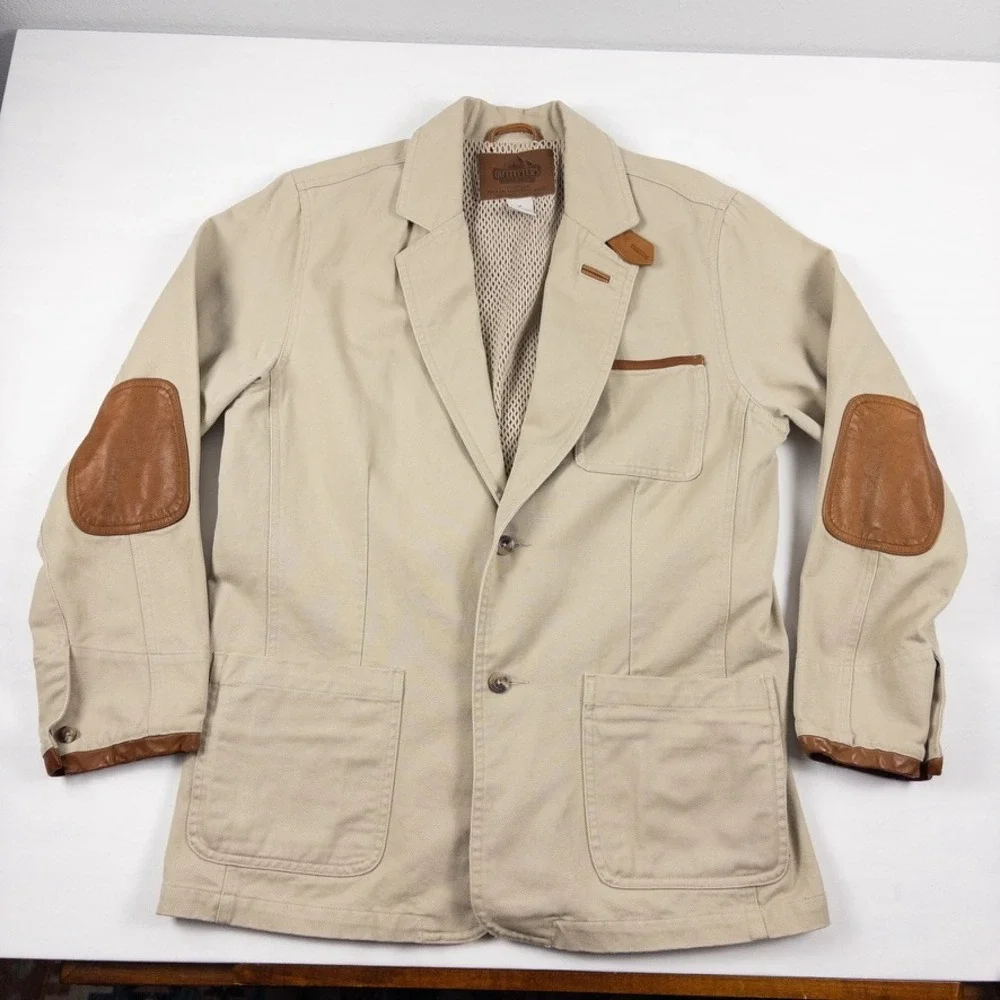 Roundtree Yorke Blazer Mens M Khaki Leather Elbow Patch Safari Sport Coat 90s